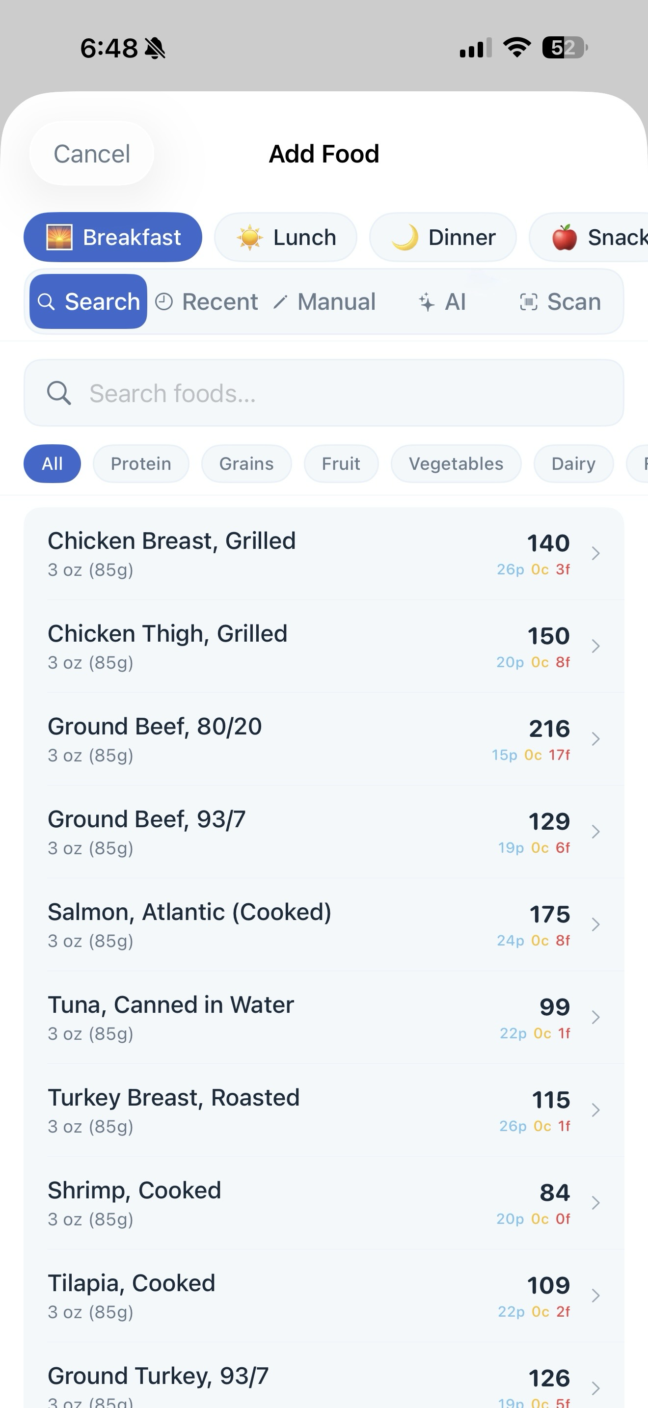 FYB food logging screen showing meal entries and calorie totals