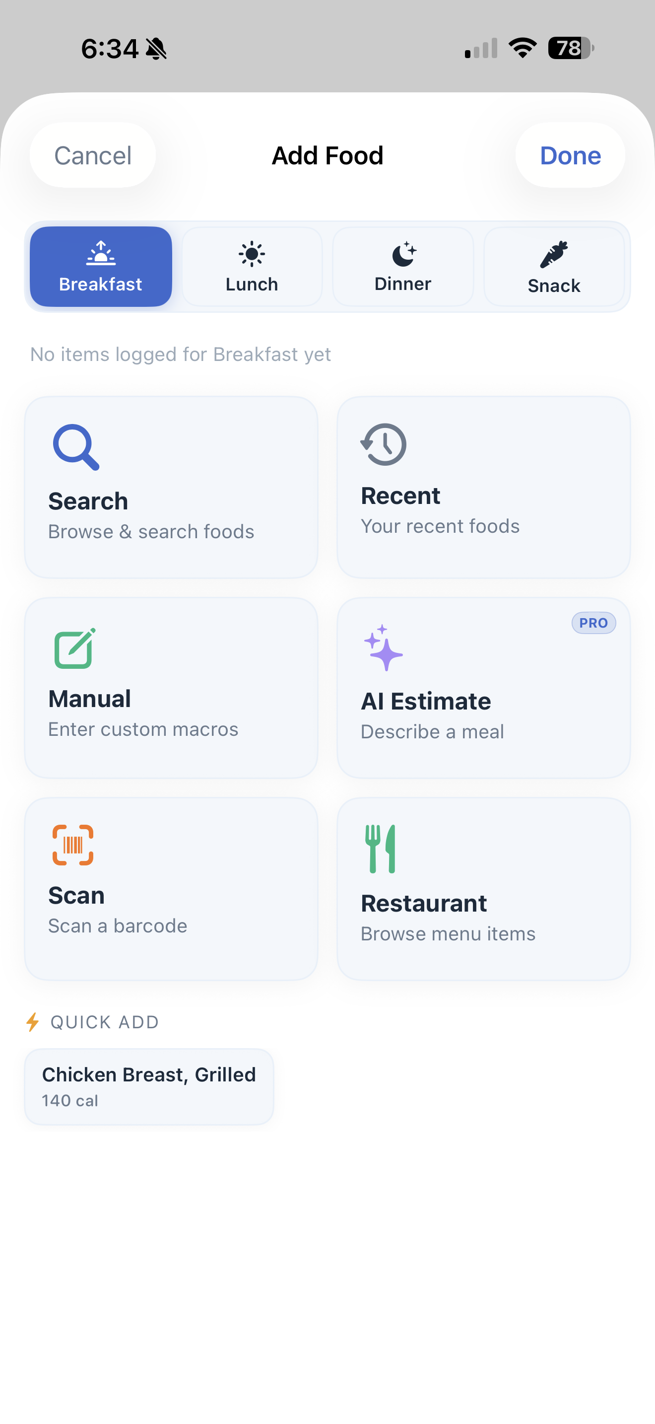 FYB food logging screen showing meal entries and calorie totals