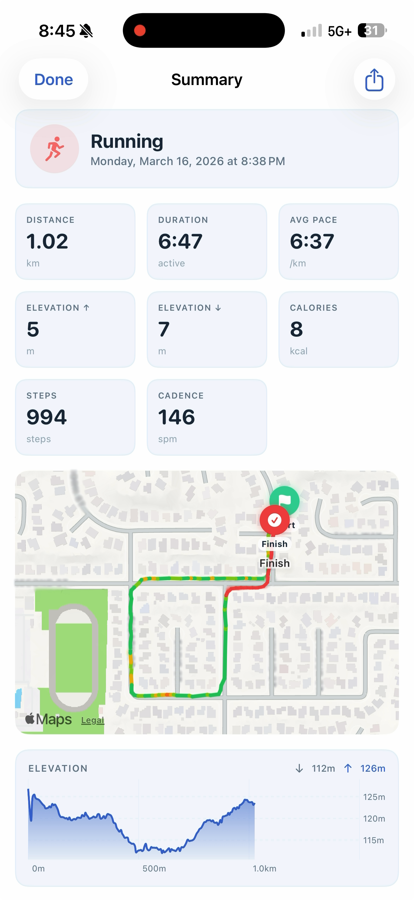 FYB GPS cardio tracking screen showing live route map and pace metrics
