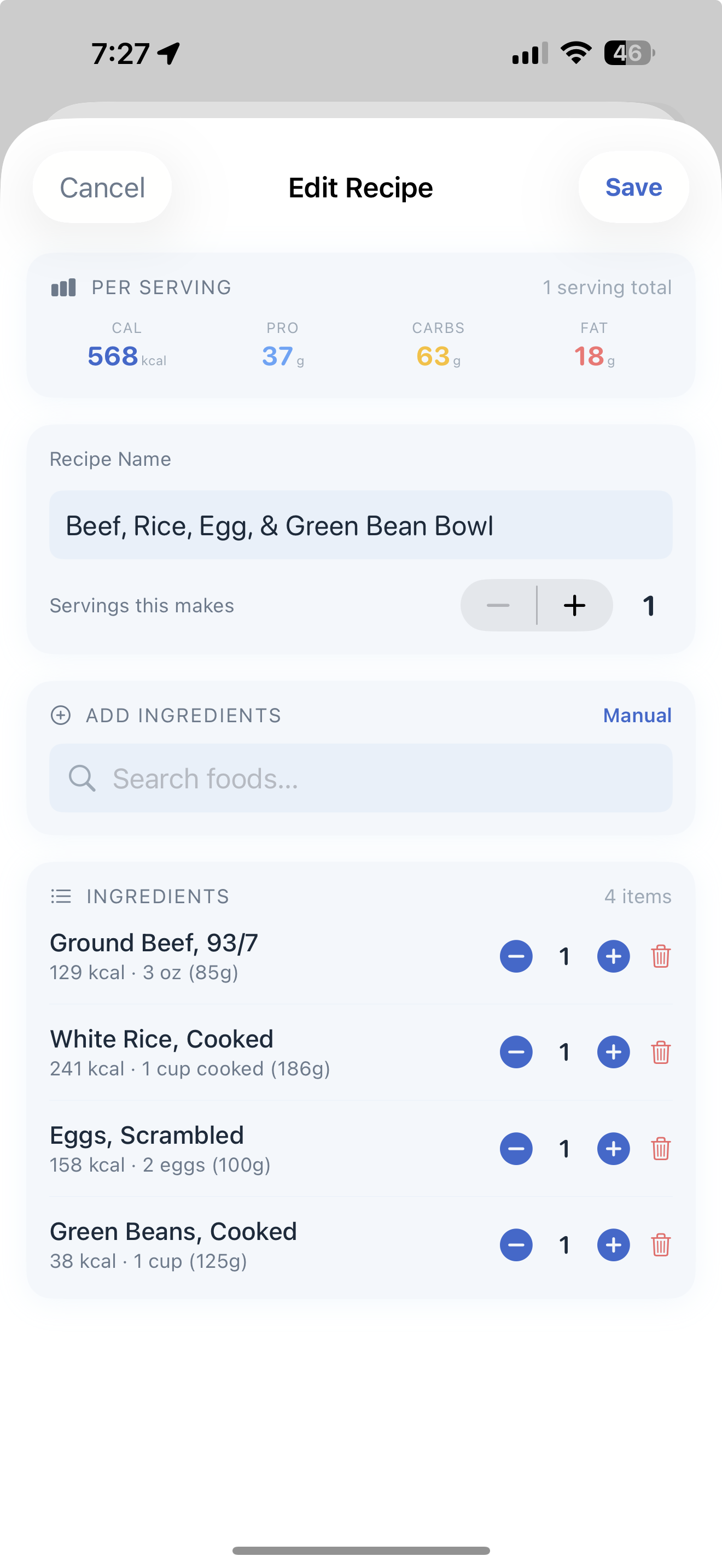 FYB recipe builder for logging custom multi-ingredient meals