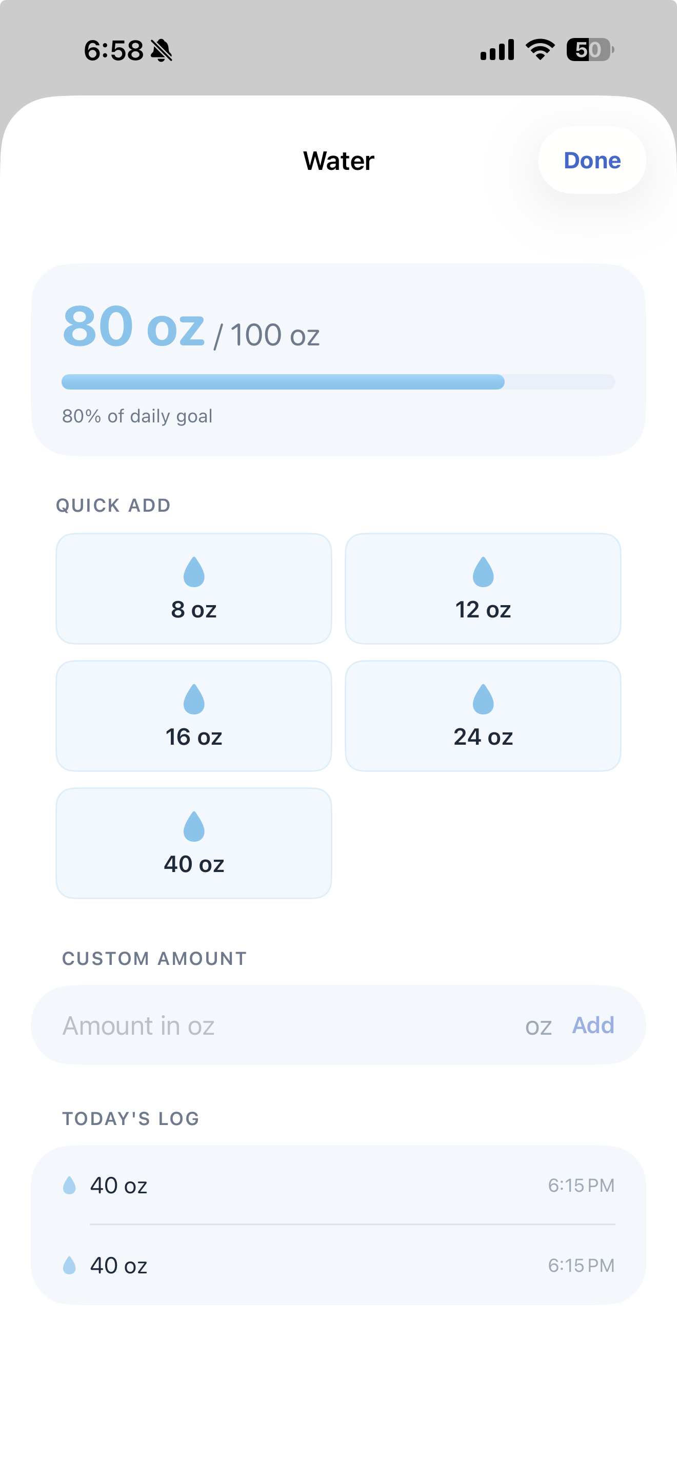 FYB daily water intake tracking screen